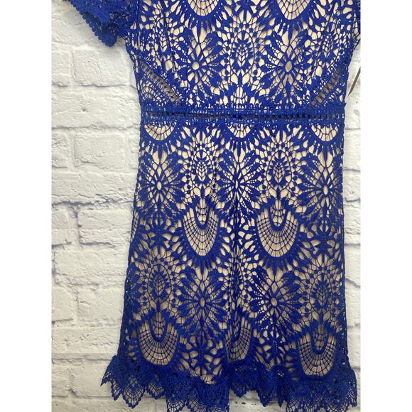 Hidden Label Blue Lace Over Nude Lining Short Sleeve Ruffle Dress Hem MEDIUM - Picture 2 of 5